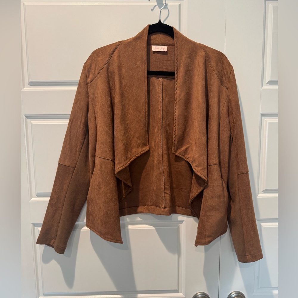 Pink Lily Brown Suede Open Front Swing Jacket Layering Size Medium Womens